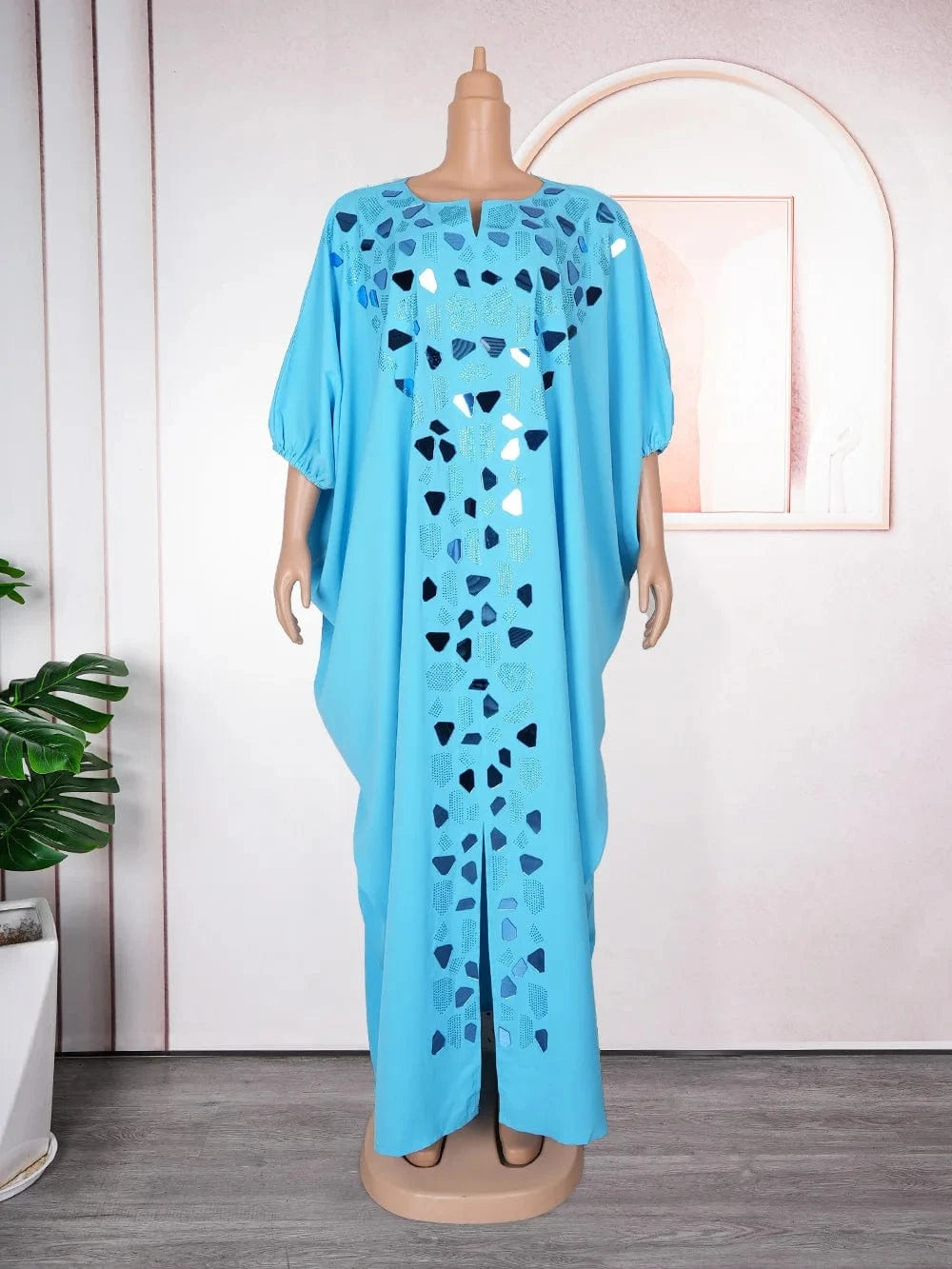 Free / Light Blue S10050 Africa Clothing Plus Size Kaftan Dresses Women Robes Femme Abaya Rhinestone Irregular Bat Sleeve Loose Boubou Dresses