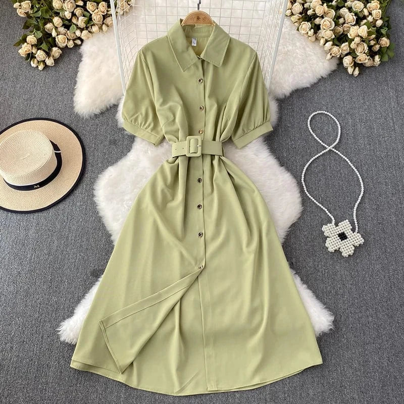 Free / Light Green Summer Office Ladies Elegant Midi Dress Single-breasted Short Sleeve Shirt Dresses for Women With Belt New Fashion A-line Robes