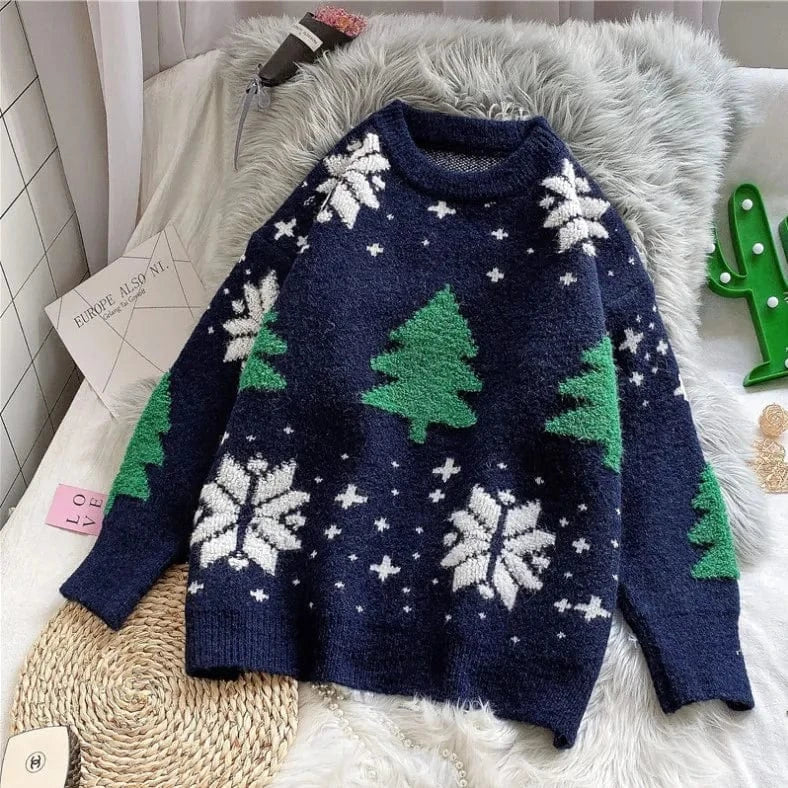 Free / NAVY Christmas themed high quality Christmas sweater custom knitted plus size crew neck pullover wool knitted women's sweater