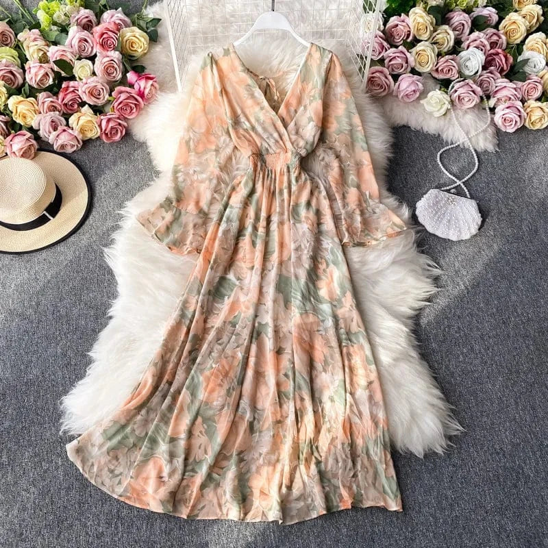 Free / Orange ANSZKTN New Korean Style Floral Print Long Sleeve Casual A Line V Neck Dresses Women Lady Elegant