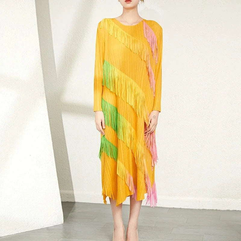 Free / Orange High Quality 2024 New Miyake Clothing Woman Casual Style Long Sleeves Color Tassel Pleated Dresses
