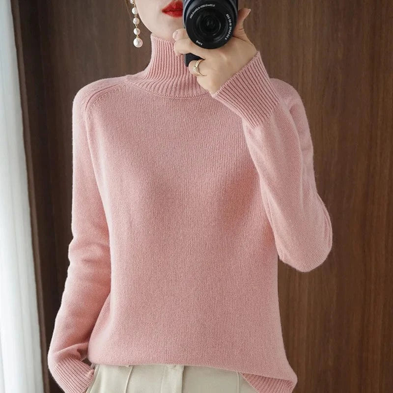 Free / Pink 2024 new arrival fashion lady mock collar long sleeve slim fit free size plain cashmere sweater