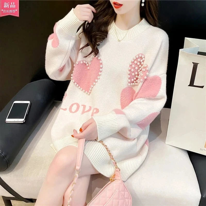 Free / Pink 2024 Spring Autumn New Arrival fashion women  loose  young ladies lazy style Pearl sweater