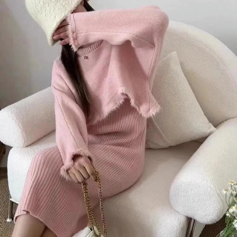 Free / Pink 2024 Spring new arrival fashion lady boat collar long sleeve loose top and mock collar sleeveless dress set