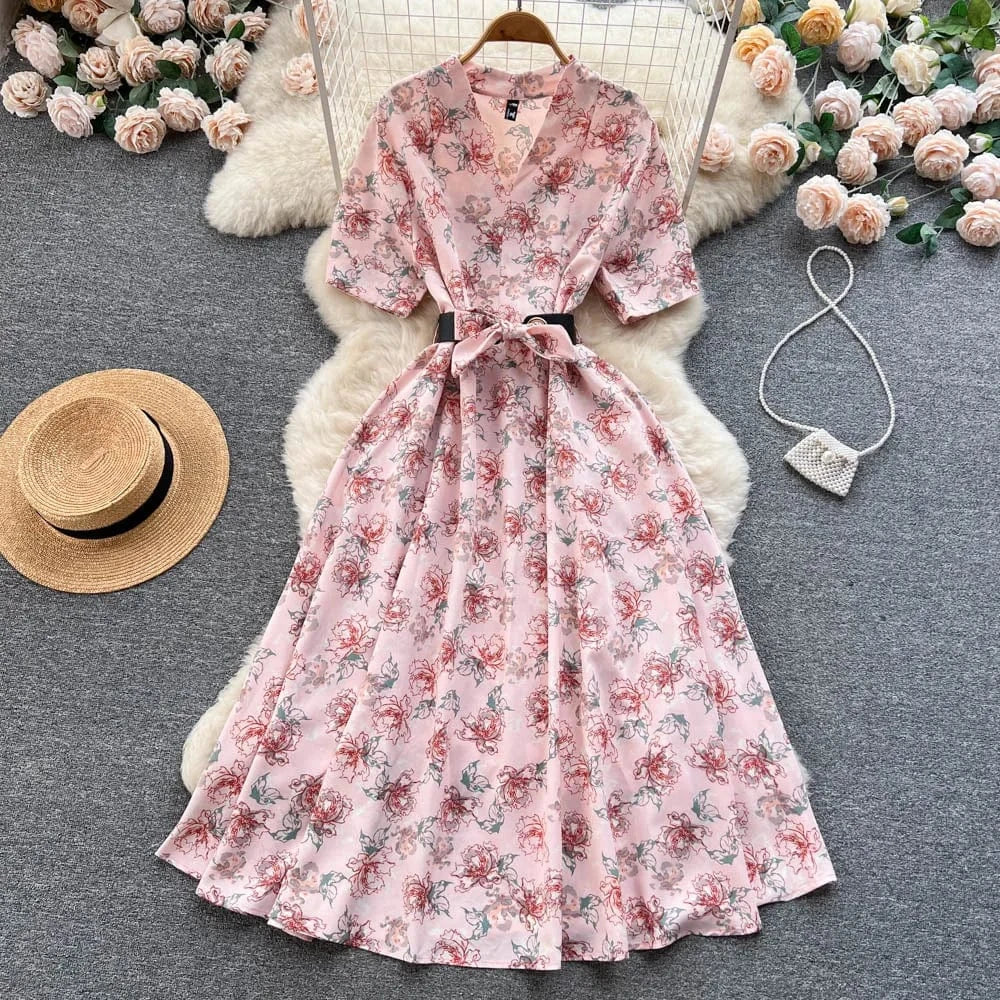 Free / Pink ANSZKTN Summer  Shirt Dress Women Printed Waist Wrapped Over Knee Large Swing Celebrity Fragmented Flower Long Dress