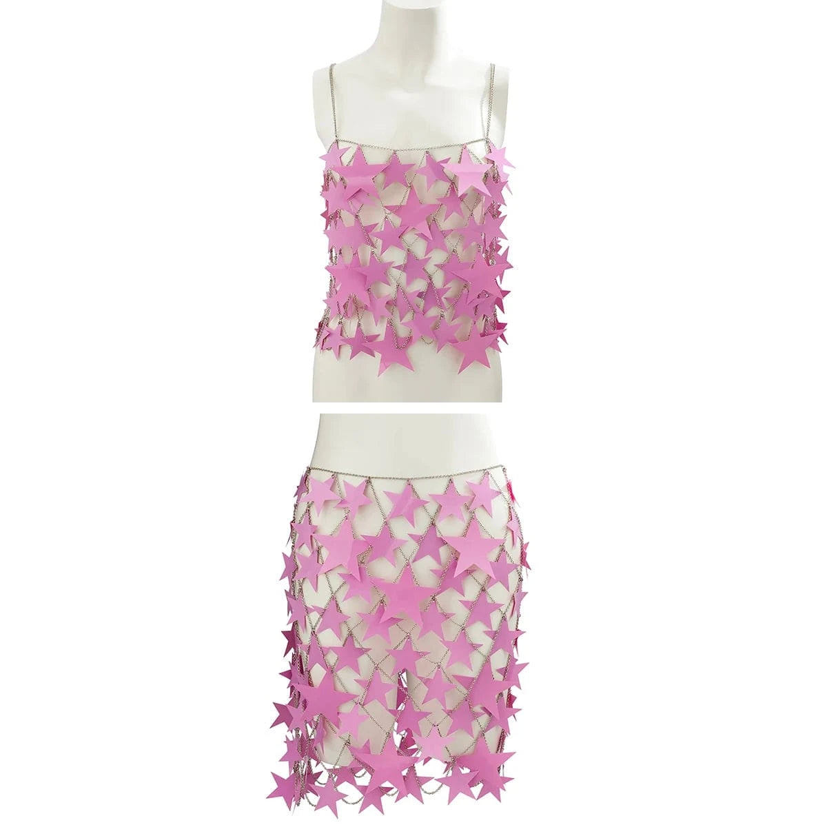 Free / Pink Hot Selling Star Sequined Clubbing Hollow Out Skirt Halter Crop Top Summer Sexy Two Piece Skirt Set