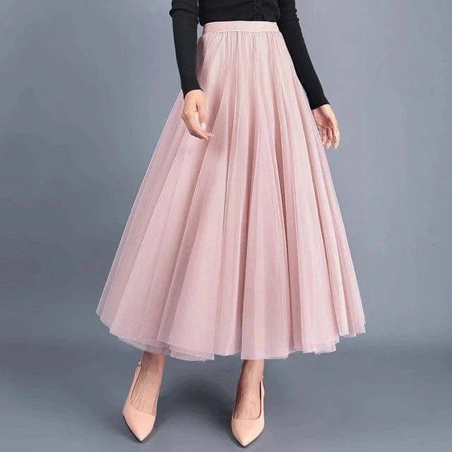 Free / Pink Manufacturer Wholesale Dance Fashion Solid Saias Mujer Long Maxi Pleated Midi High Waist Elastic Tulle Tutu Skirts Womens