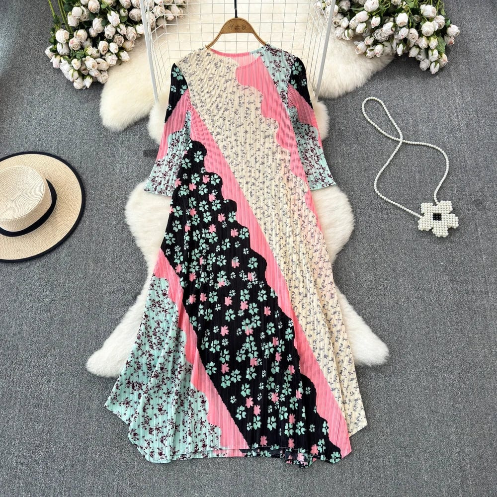 Free / Pink New Retro Niche Design Printing Stitching Long Sleeve Plus Size Dress