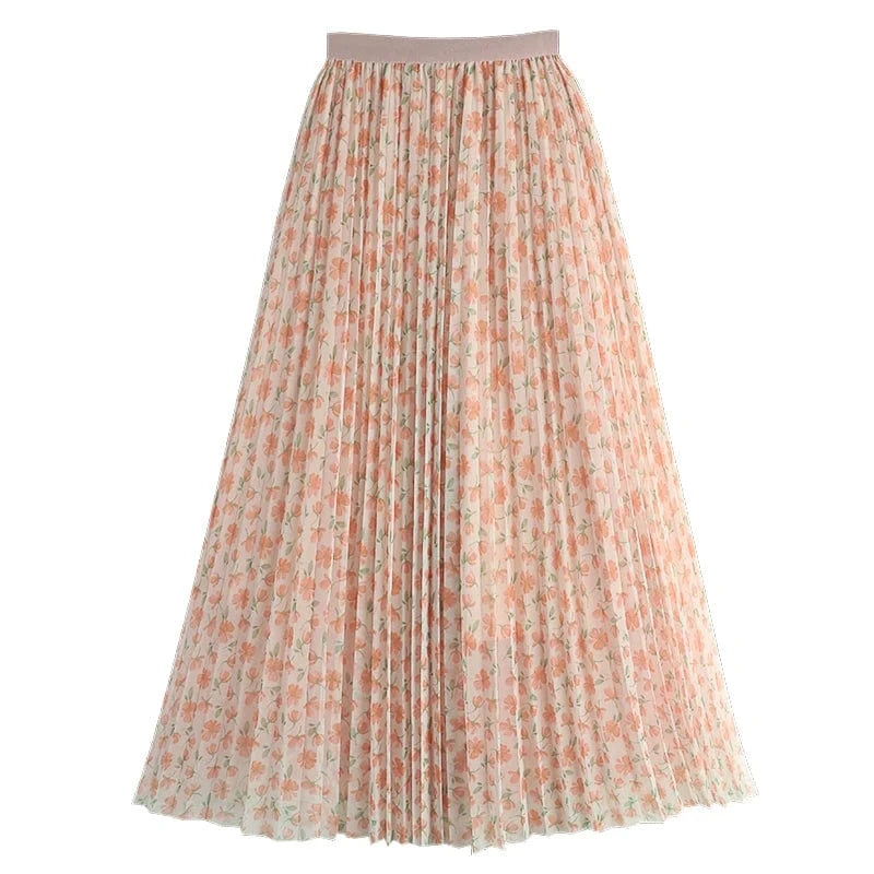 Free / Pink Spring Summer Women Skirt Floral Printed Mesh Waist Elastic Band Pleated Mid-Calf Skirts for Woman Vintage Beach Boho Jupes Saia