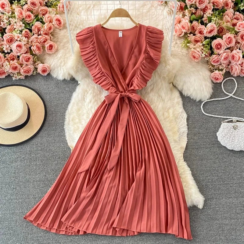 Free / Pink Summer Hepburn Style Women Dress Ruffles Sashes Chiffon Fashion Elegant Pleated V-neck Dresses for Ladies Casual Vintage Vestido