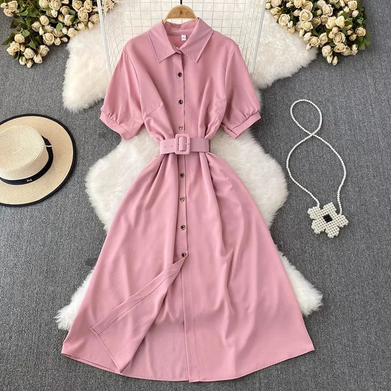 Free / Pink Summer Office Ladies Elegant Midi Dress Single-breasted Short Sleeve Shirt Dresses for Women With Belt New Fashion A-line Robes