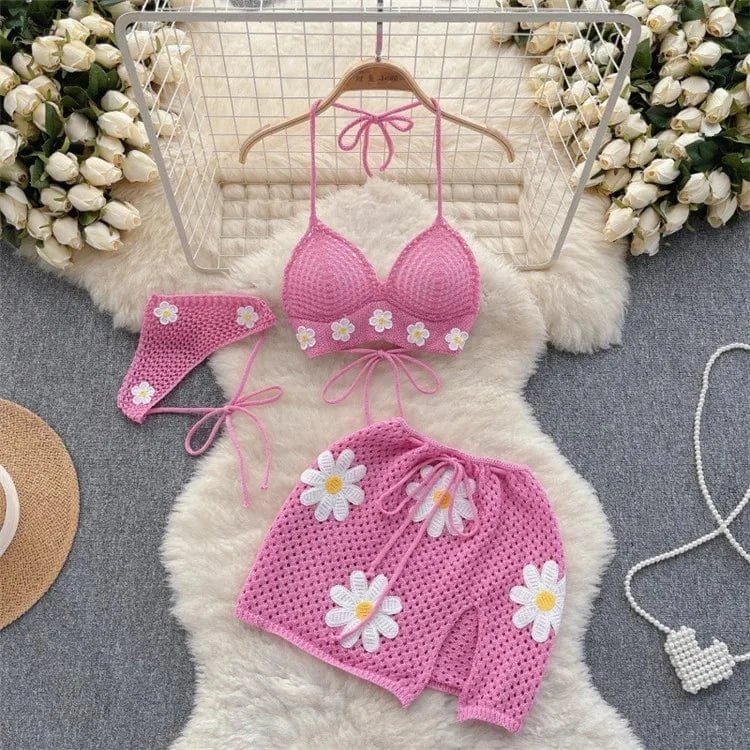 Free / Pink ZHEZHE Hollow Out Crochet Knit Flower Bikini Suit Outfits 3 Pieces Women Bra + Skirts Matching Set