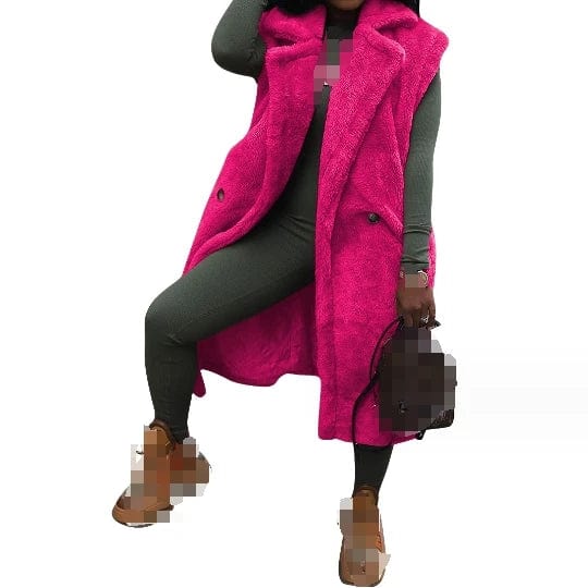 Free / Plum New Winter Ladies Thicken Plush Coat Solid Lapel Sleeveless Cardigan Fashion Long Cardigan Coat For Women