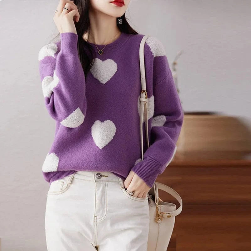 Free / Purple 2024 spring new arrival fashion lady round neck long sleeve plus size heart shape print women pullover sweater