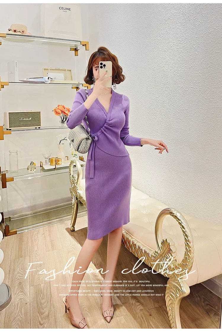 Free / Purple 2024 Spring office ladies new arrival v-neck long sleeve high waist with belt elegant sweater dress