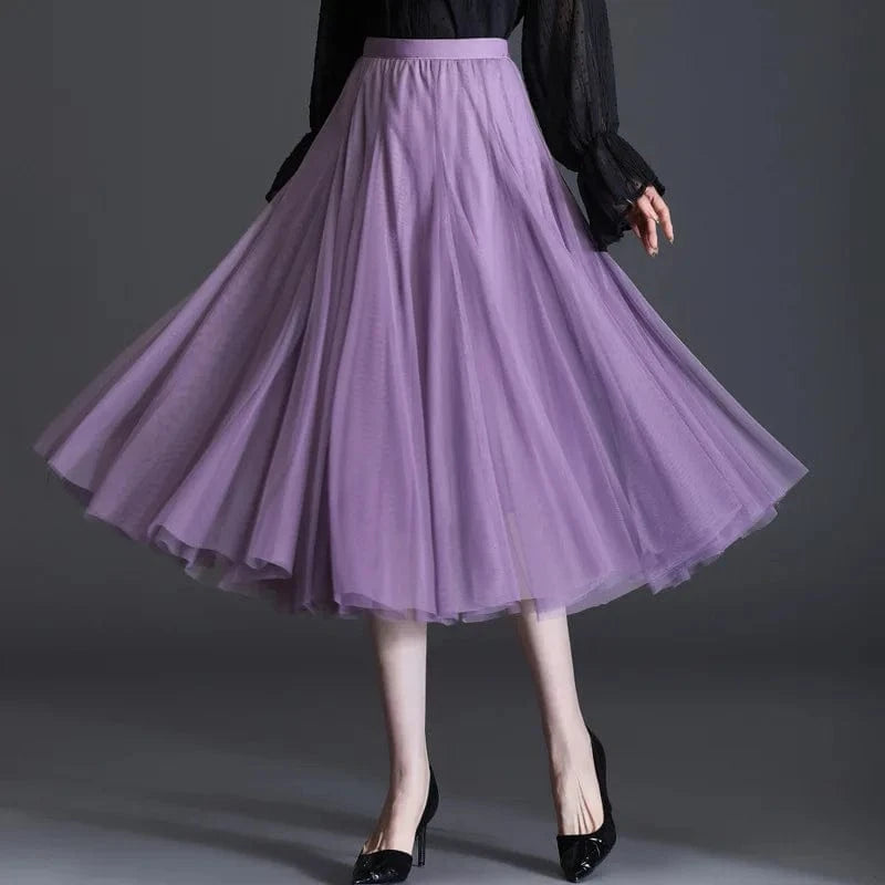 Free / Purple 76CM 2024 Korean Style Midi Long Tulle Skirts Womens Summer Elastic High Waisted Maxi Skirts Femme A Line Mesh  Fashion skirt 50%