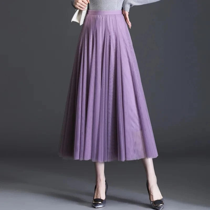 Free / Purple 86cm 2024 Korean Style Midi Long Tulle Skirts Womens Summer Elastic High Waisted Maxi Skirts Femme A Line Mesh  Fashion skirt 50%