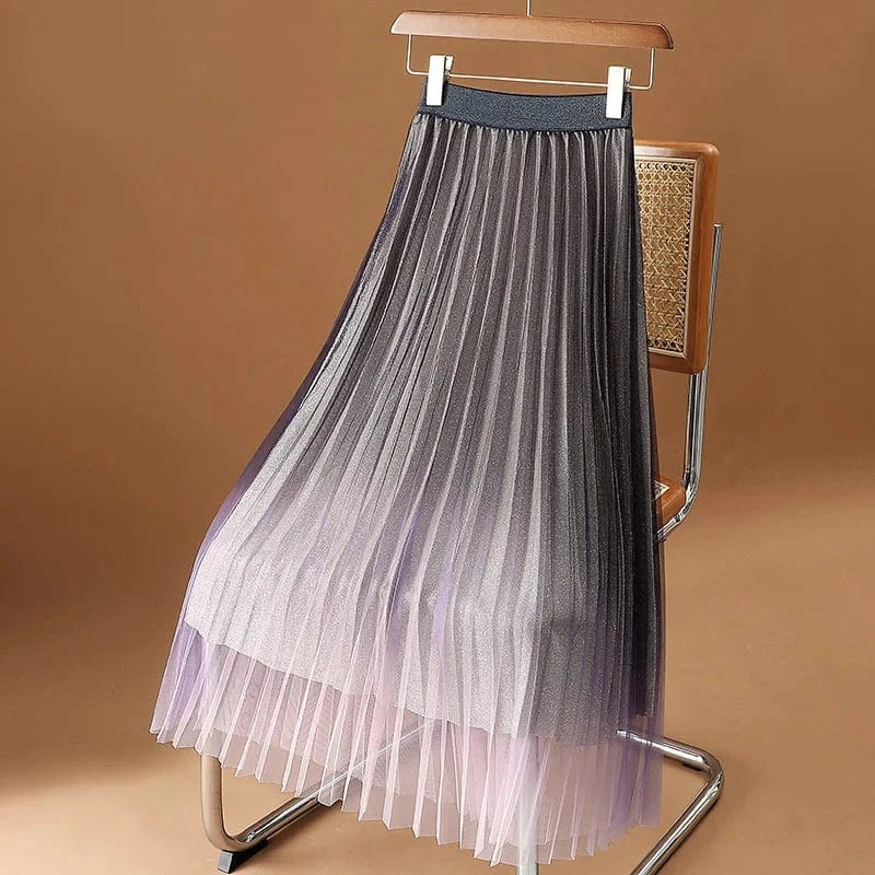 Free / Purple Gradient Elegant Pleated Skirt Women Mesh Shining Long Big Hem High Waist Ladies Midi Skirts New Fashion Elegant Jupes Faldas