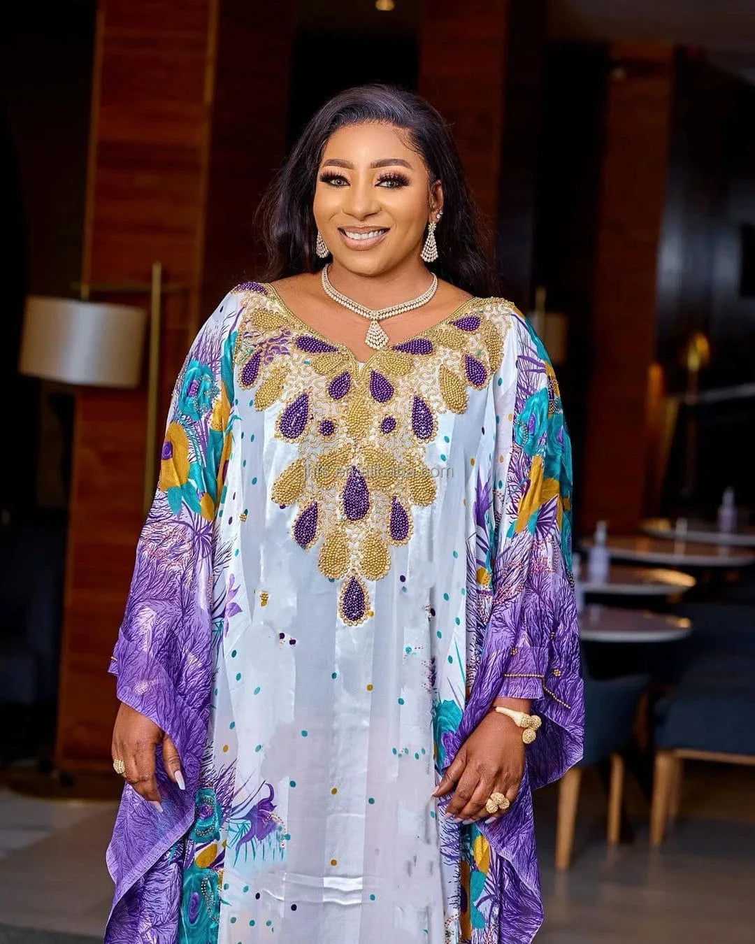 Free / Purple J&H 2024 African Muslim Dresses For Women Eid Al-fitr Chiffon Robe Boubou Muslim Puff Sleeve Printed Robe