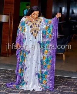 Free / Purple J&H 2024 African Muslim Dresses For Women Eid Al-fitr Chiffon Robe Boubou Muslim Puff Sleeve Printed Robe