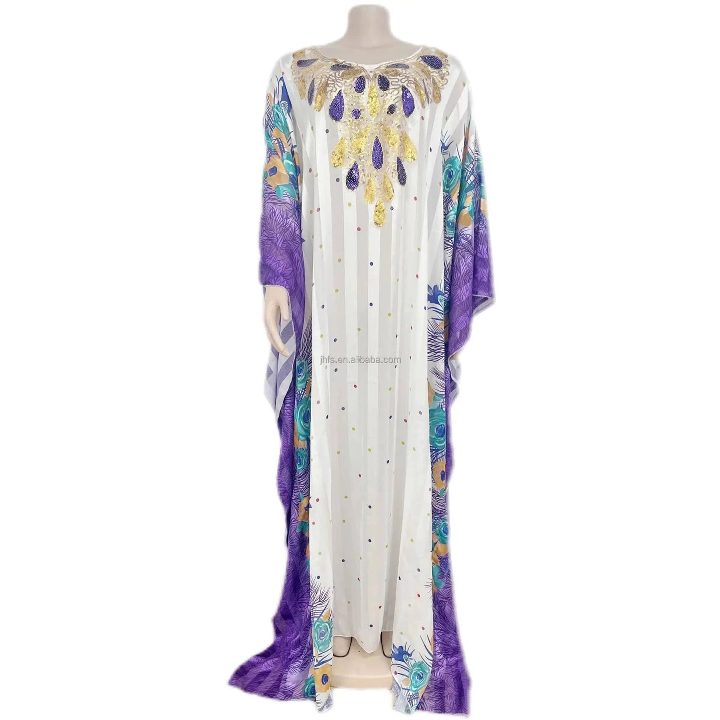 Free / Purple J&H 2024 African Muslim Dresses For Women Eid Al-fitr Chiffon Robe Boubou Muslim Puff Sleeve Printed Robe