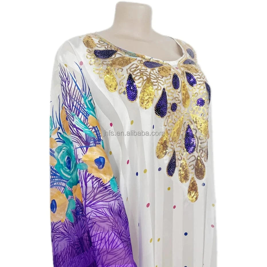 Free / Purple J&H 2024 African Muslim Dresses For Women Eid Al-fitr Chiffon Robe Boubou Muslim Puff Sleeve Printed Robe