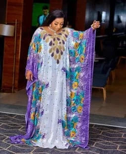 Free / Purple J&H 2024 African Muslim Dresses For Women Eid Al-fitr Chiffon Robe Boubou Muslim Puff Sleeve Printed Robe