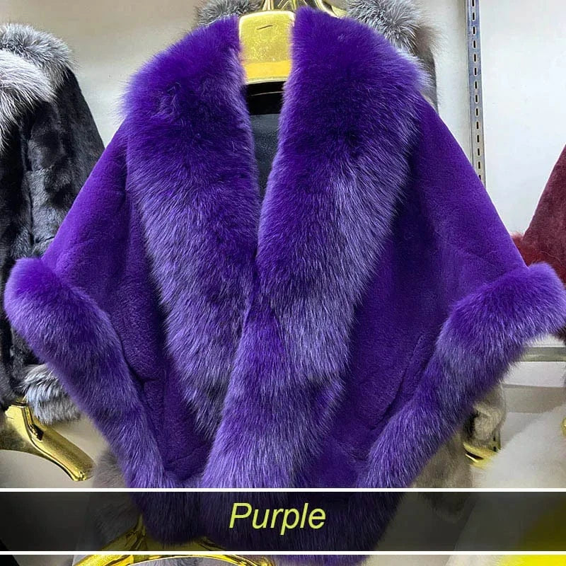Free / Purple MWFur Luxury Women Natural Fox Fur Trimmed Rex Rabbit Fur Shawl for Party Thick Warmer Winter Fur Wedding Wrap for Adult