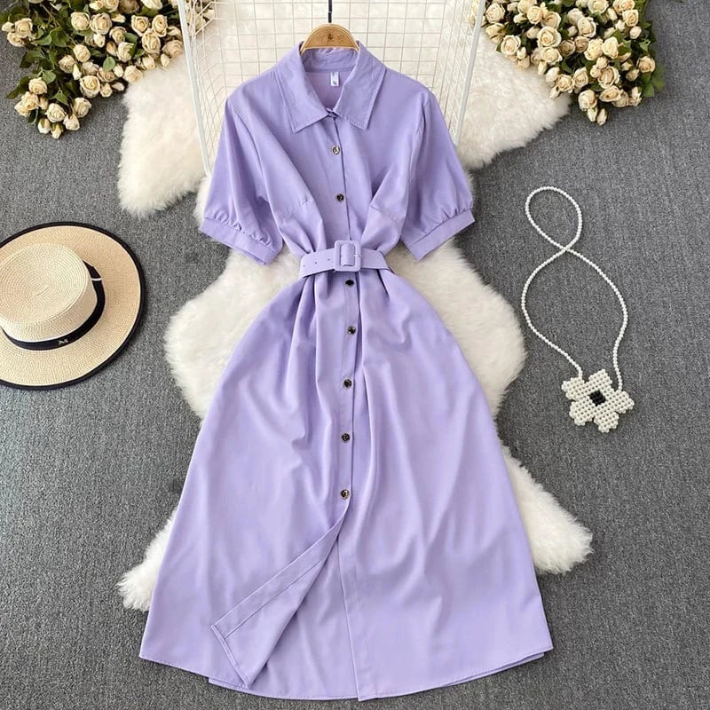 Free / Purple Summer Office Ladies Elegant Midi Dress Single-breasted Short Sleeve Shirt Dresses for Women With Belt New Fashion A-line Robes