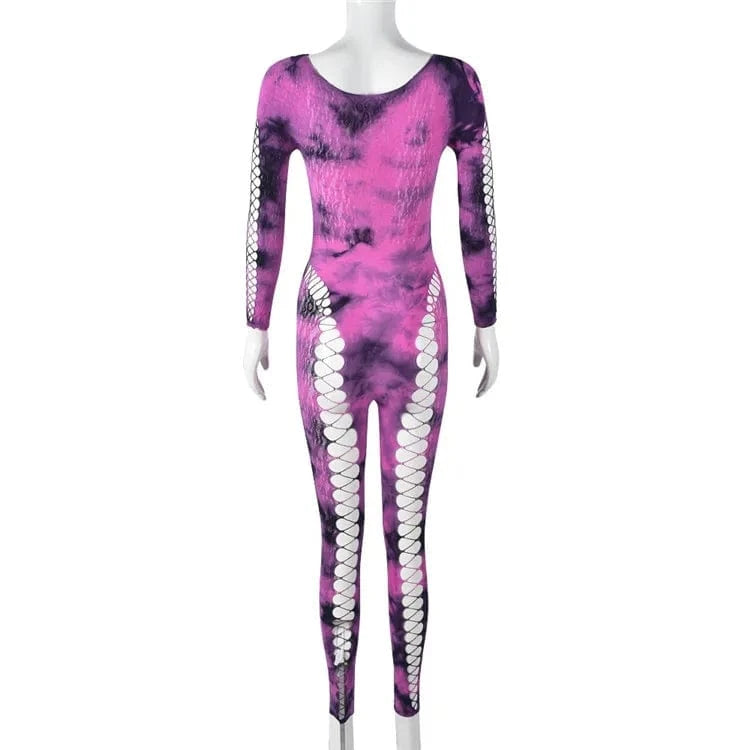 Free / Purple Tie Dye Print Women High Waist Bodycon Elastic Cut Out Side Jumpsuit for 2024 Summer Sexy Playsuit