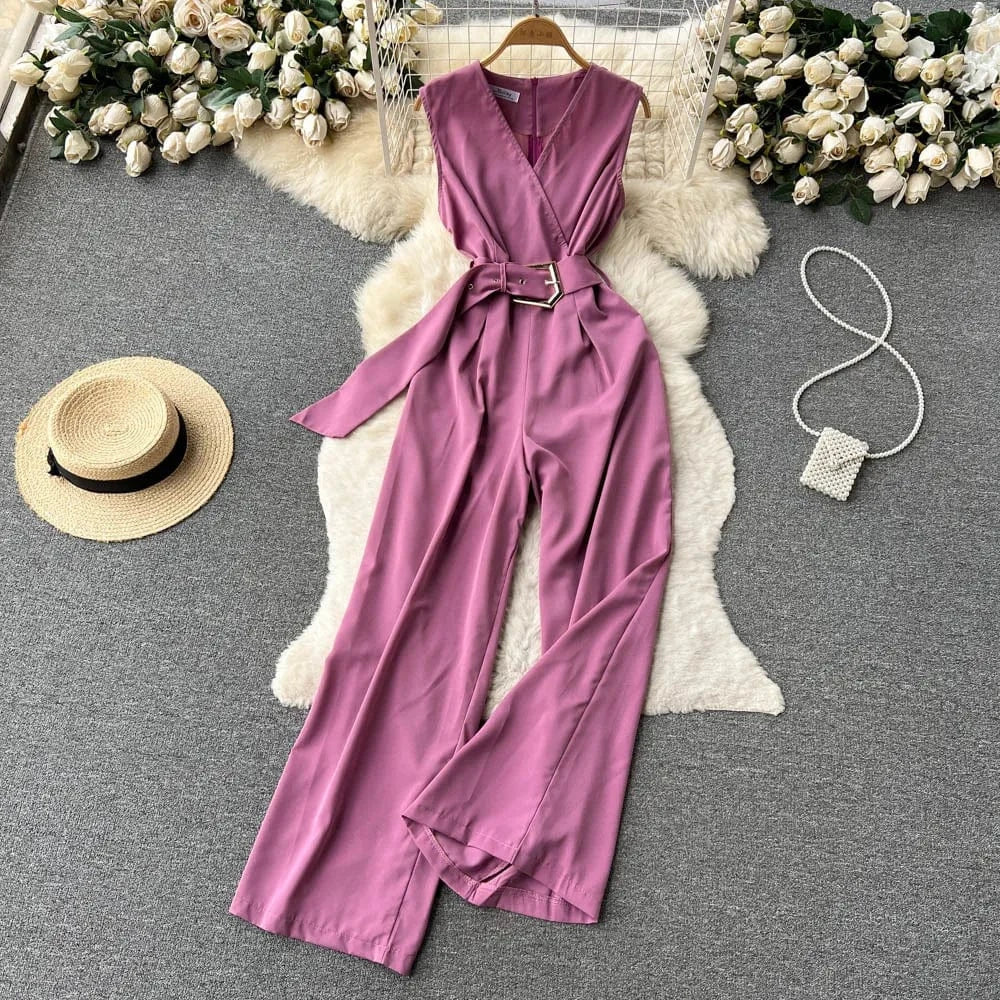 Free / Purple V-neck Solid Casual Long Jumpsuits Autumn Jump Suits Ladies Elegant Overalls One Piece Wholesale