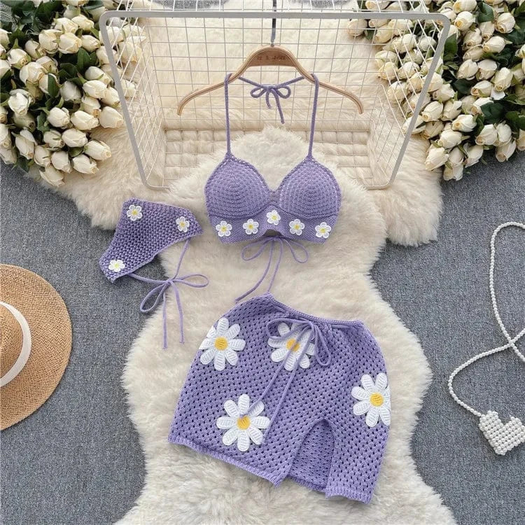 Free / Purple ZHEZHE Hollow Out Crochet Knit Flower Bikini Suit Outfits 3 Pieces Women Bra + Skirts Matching Set