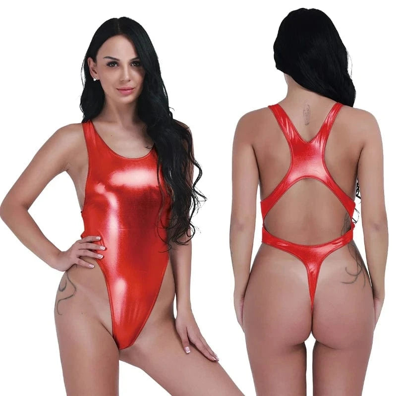 Free / Red Custom Womens Sexy Leather One-Piece Thongs Leotard Bodysuit String Swimsuit
