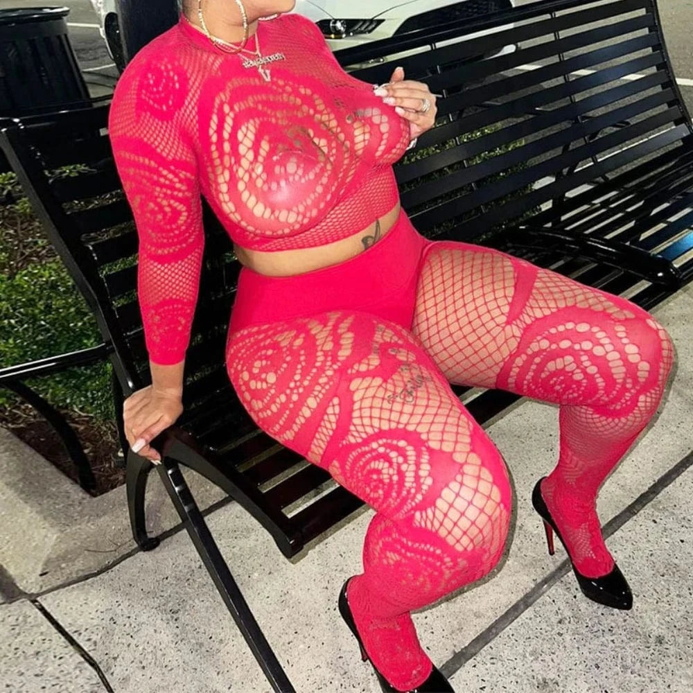 Free / Red Sheer Tights Set Two Piece Women Sexy Mesh Flower Long Sleeve Tops + High Waist Seamless Pantyhose Leggings Nylon Suits