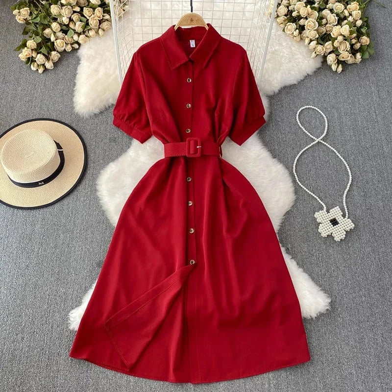 Free / Red Summer Office Ladies Elegant Midi Dress Single-breasted Short Sleeve Shirt Dresses for Women With Belt New Fashion A-line Robes