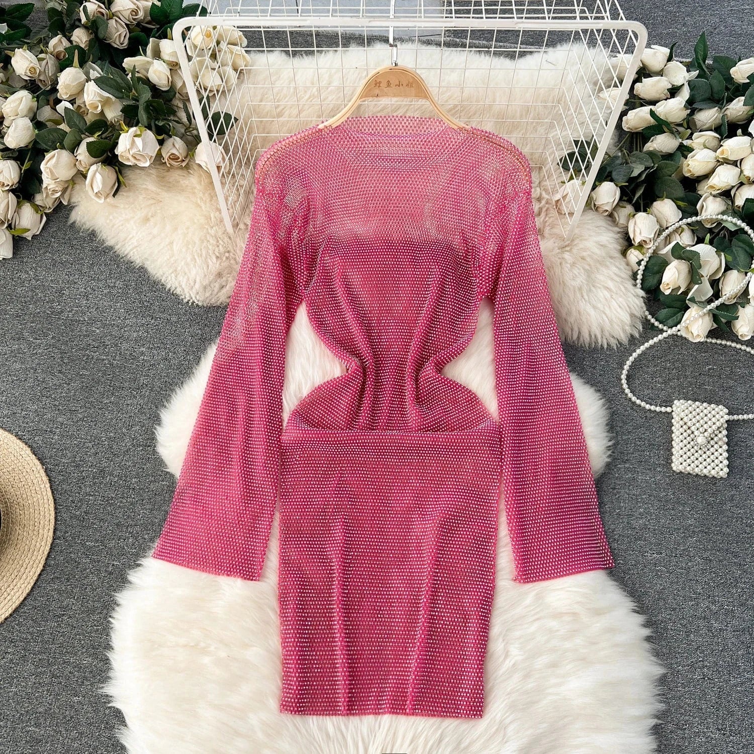 Free / Rose Madder 2024 Spring Y2k O-neck Midi Dress For Women Long Sleeve Empire Patchwork Hollow Out Lace Dresses Ladies Elegant Dresses