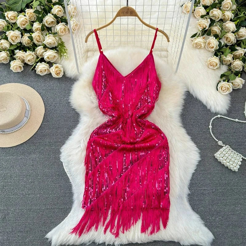 Free / Rose Madder Latin Dance Dress Women Sequined Tassel V-neck Bodycon Mini Party Dresses Solid Color Luxury French Clubwear Straps Dress