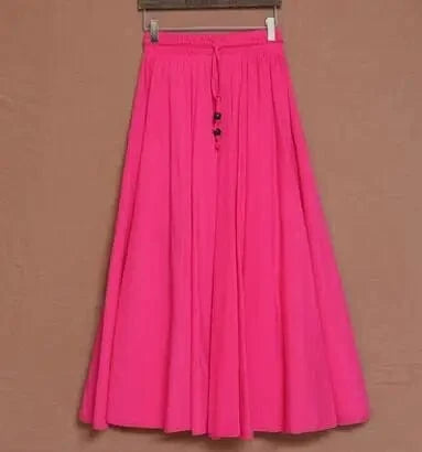 Free / Rose red Women Cotton Long Skirts Elastic Waist Pleated Maxi Skirts Beach Boho Vintage Summer Skirts Faldas Saia Ebsq88