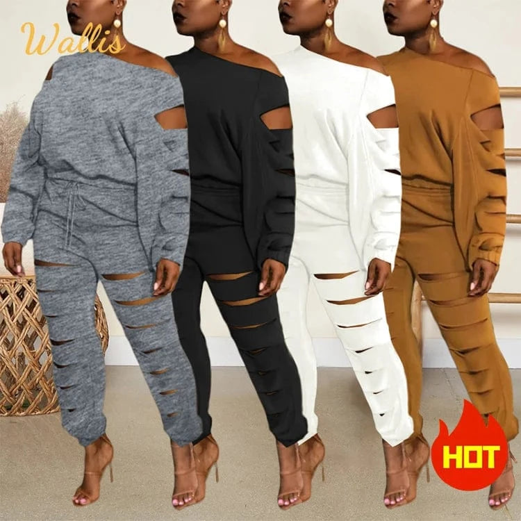 Free Sample Elegant Cutout Holed Two 2 Piece Set Outfits Sloping Shoulder Crewneck Tracksuit Plain Long Sleeve Sweatsuit Set