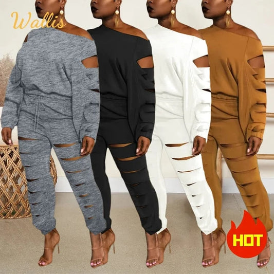Free Sample Elegant Cutout Holed Two 2 Piece Set Outfits Sloping Shoulder Crewneck Tracksuit Plain Long Sleeve Sweatsuit Set