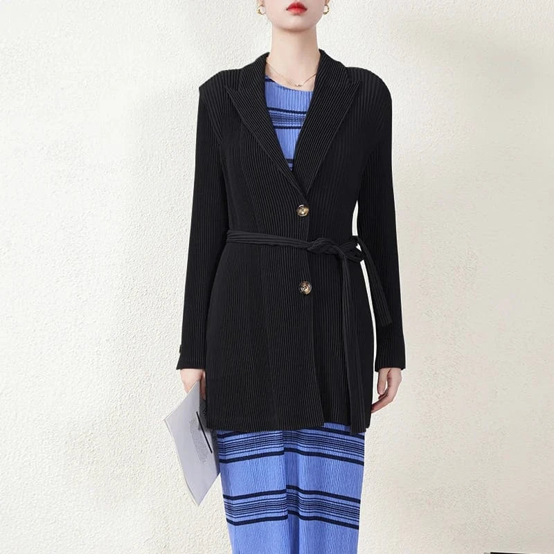Free size / Black New Arrivals 2024 Japan Miyake Polyester Blazer Belted Single Breasted Pleated Woman Blazer Jacket