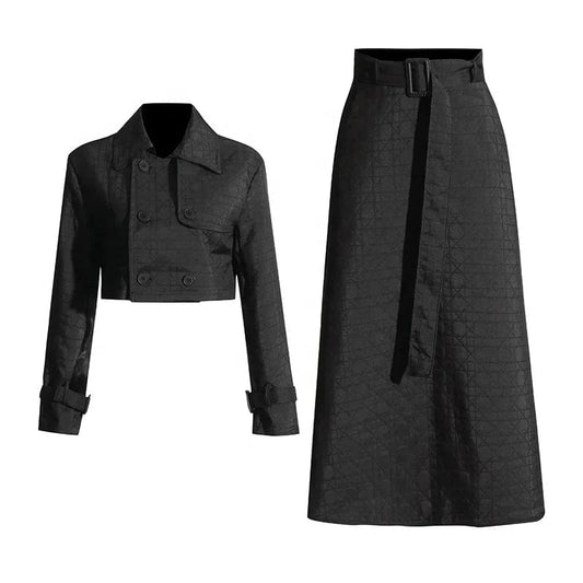 FREE SIZE / Black OUDINA Fashion Casual Two Piece Set 2024 Early Spring New Short Top Jacket And Long Lace-up Skirt Suit For Women