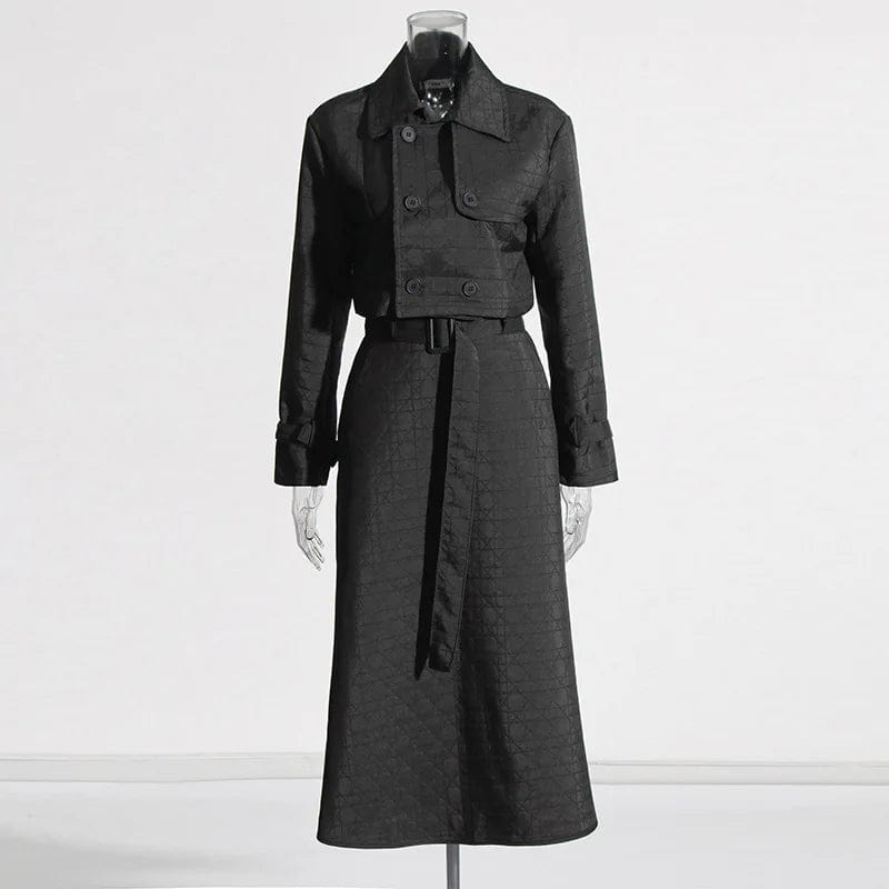 FREE SIZE / Black OUDINA Fashion Casual Two Piece Set 2024 Early Spring New Short Top Jacket And Long Lace-up Skirt Suit For Women