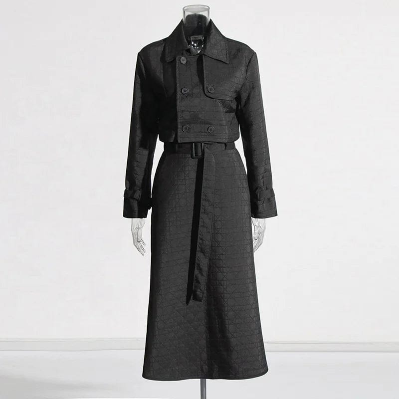 FREE SIZE / Black OUDINA Fashion Casual Two Piece Set 2024 Early Spring New Short Top Jacket And Long Lace-up Skirt Suit For Women