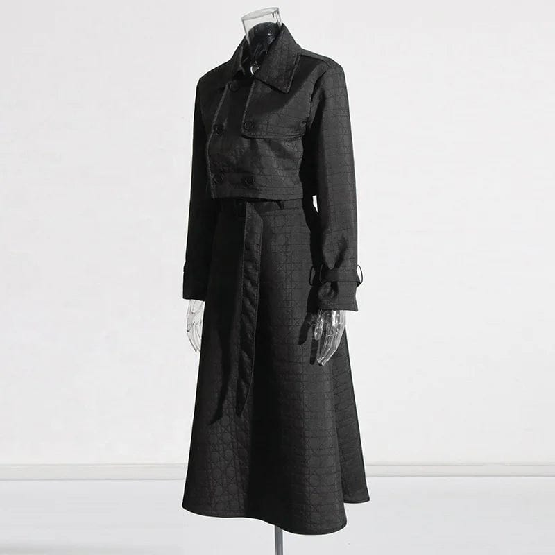 FREE SIZE / Black OUDINA Fashion Casual Two Piece Set 2024 Early Spring New Short Top Jacket And Long Lace-up Skirt Suit For Women