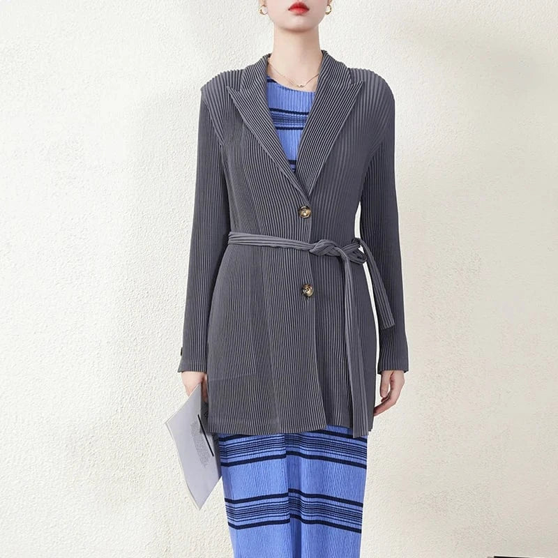 Free size / Dark Gray New Arrivals 2024 Japan Miyake Polyester Blazer Belted Single Breasted Pleated Woman Blazer Jacket