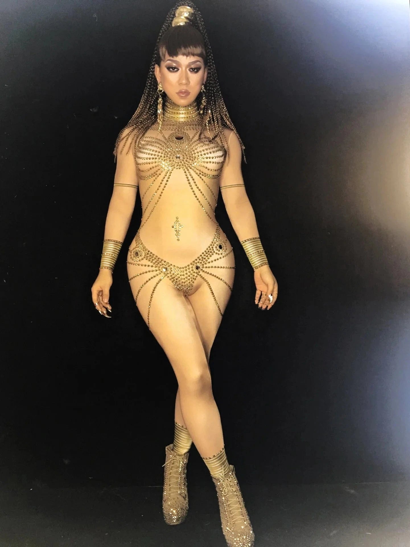 Free Size / Golden Fashion Long Sleeves Egypt Cosplay Show Stage Performance Costume Dance Leotard Lady Rompers Women Sexy Gold Rhinestone Jumpsuit
