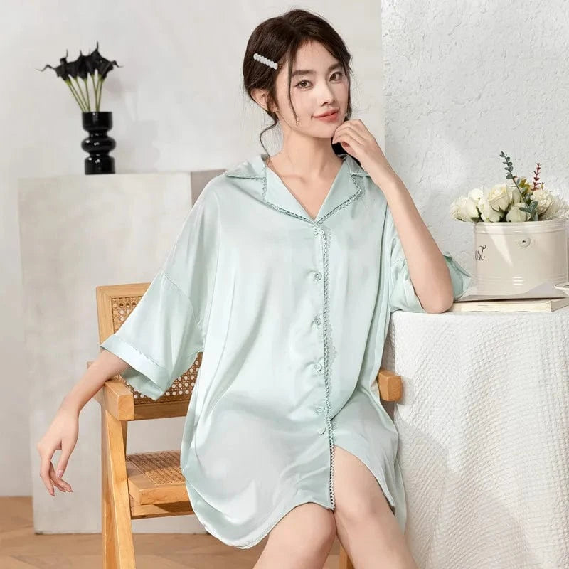 Free size / Green 2024 spring/summer new lapel ladies pajamas shirt open button nightdress silk solid color nightgown elegant plus size sleepwear