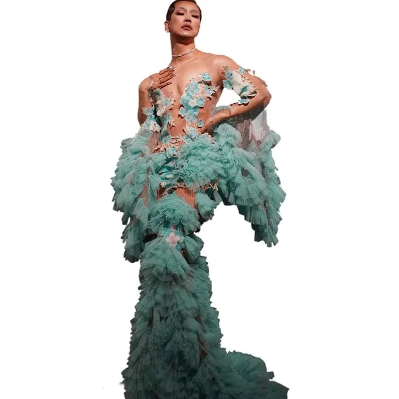 Free Size / Green Vestido Festa Fashion See Through Mesh Ruched Ruffles Ball Gown 2022 Prom Dress Ladies Sexy Wedding Party Mermaid Evening Dress