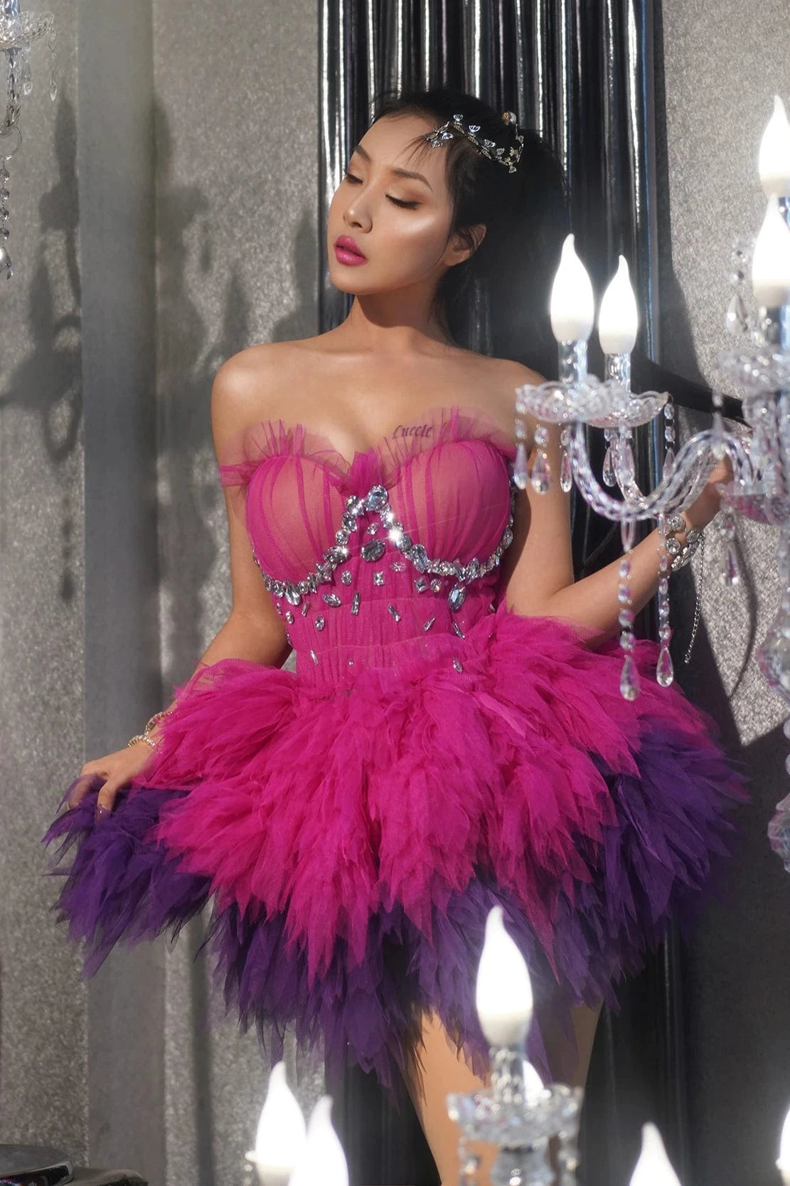 Free Size / Pink Cute Boutique Clothing Pink Rhinestone Off Shoulder Ball Gowns for Women Evening Dress Mesh Tutu Mini Birthday Party Prom Dress